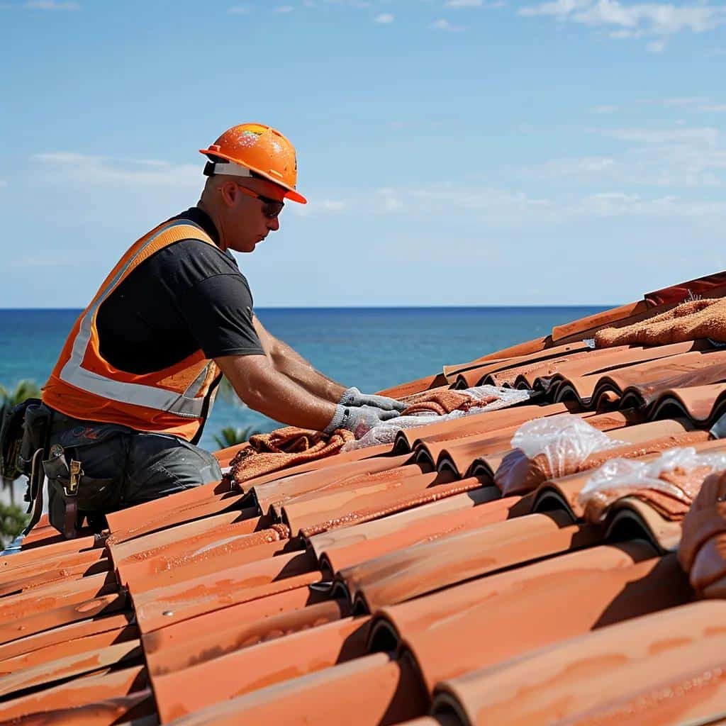 Technician applying hurricane-resistant tarping on a tile roof in Boca Raton