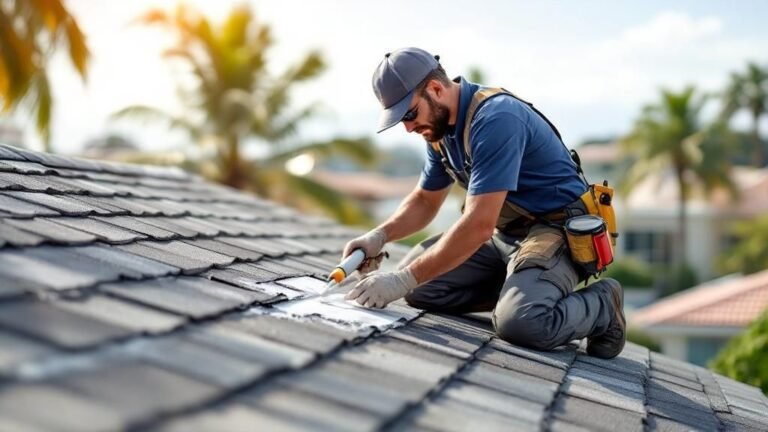 Roofer tracing and sealing a roof leak on a Florida property