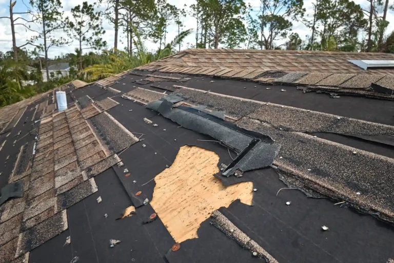 Storm damaged roof being documented and repaired in Florida