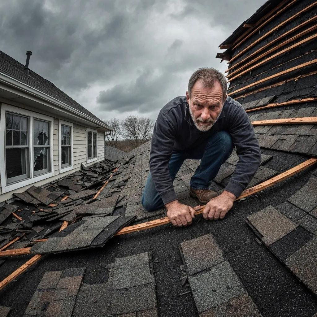Roofer assessing storm damage on a roof in Hollywood, FL