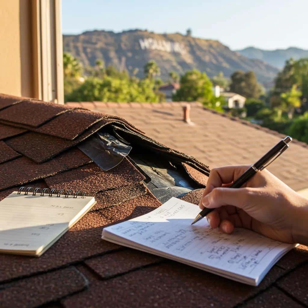 Close-up of a damaged roof with a notepad for budgeting emergency repairs in Hollywood
