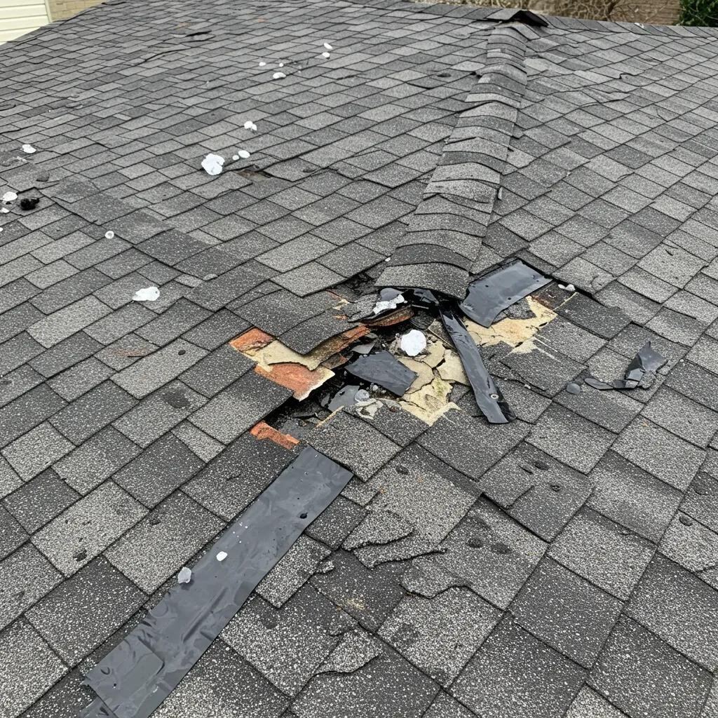 Close-up of storm damage on a roof showing missing shingles and cracked flashing