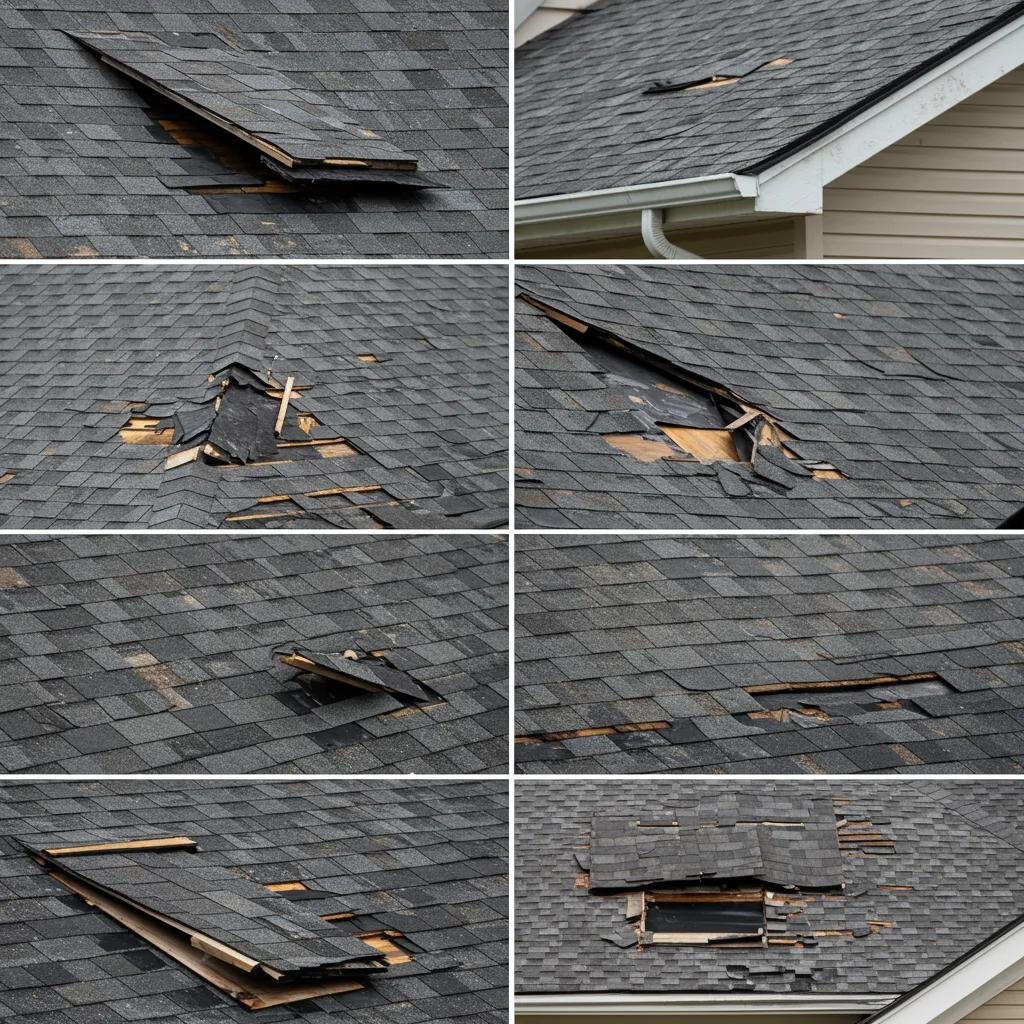 Close-up of visible roof damage signs including missing shingles and water stains