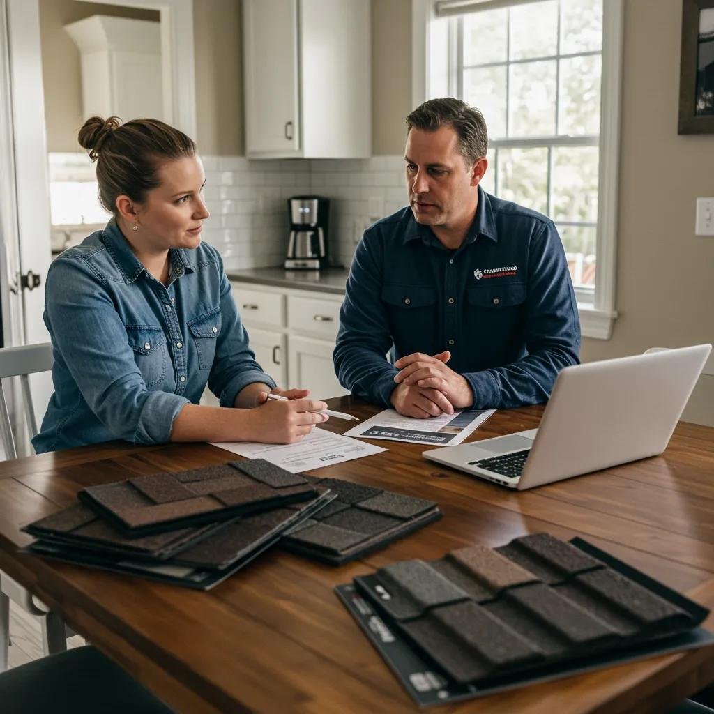 Homeowner consulting with an insurance adjuster about roof damage claims, highlighting the claims process