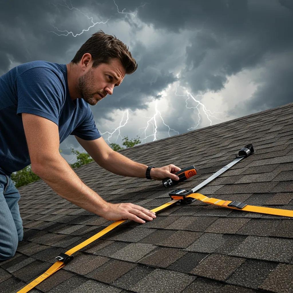 Homeowner securing roof elements and checking shingles in preparation for hurricane season