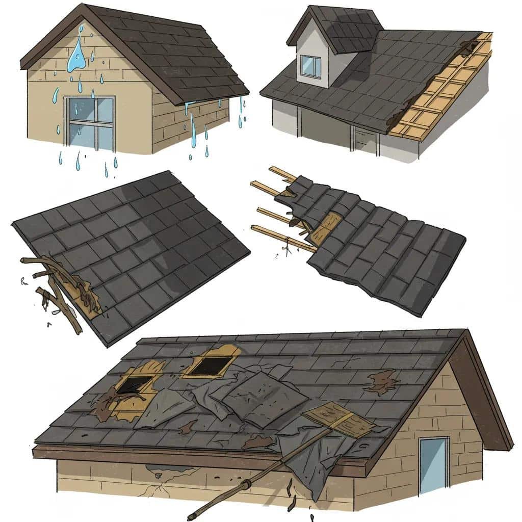 Visuals of common roof emergencies: water leaks, sagging sections, and debris damage, highlighting the need for immediate attention