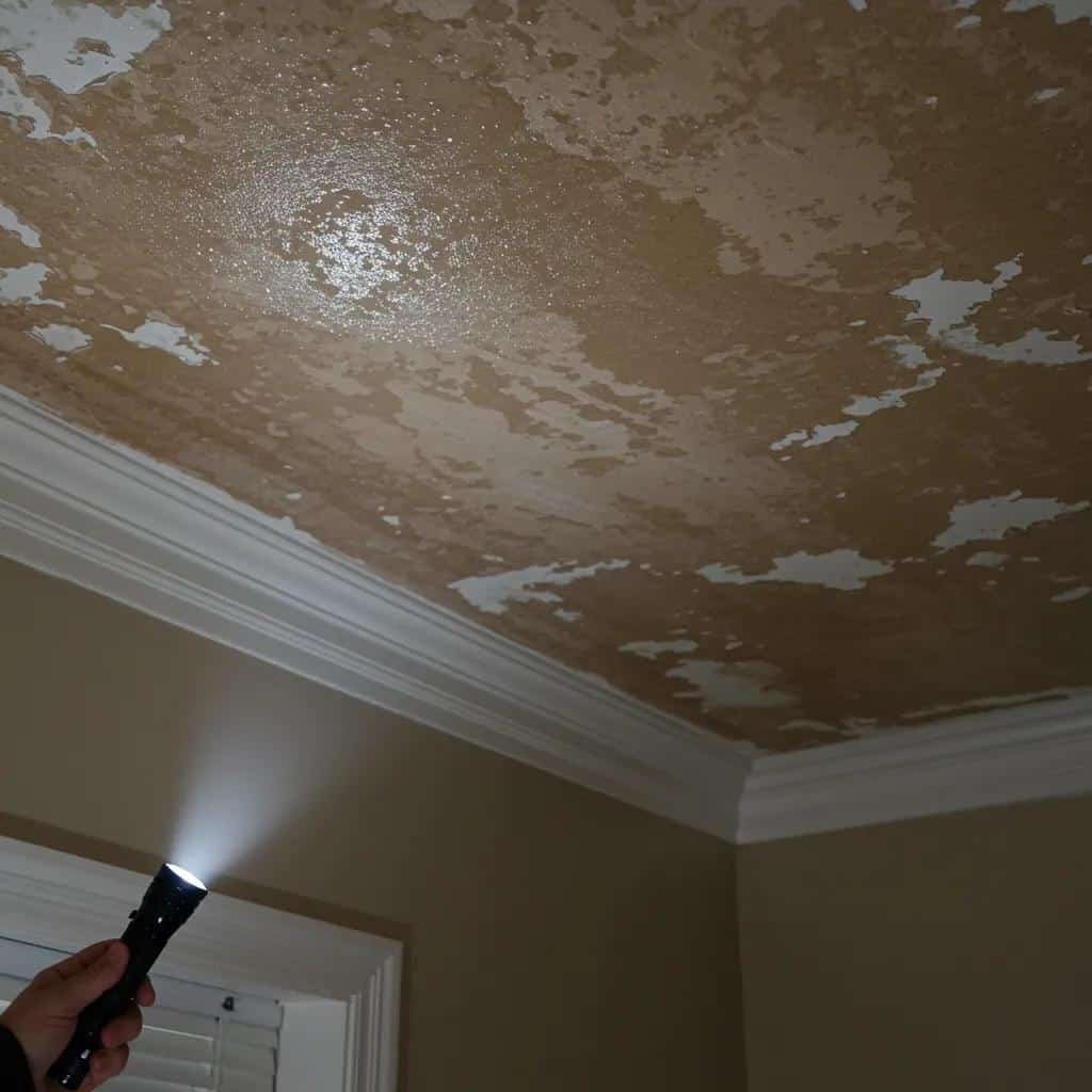 Interior of a house showing water stains on the ceiling and peeling paint, clear signs of a roof leak
