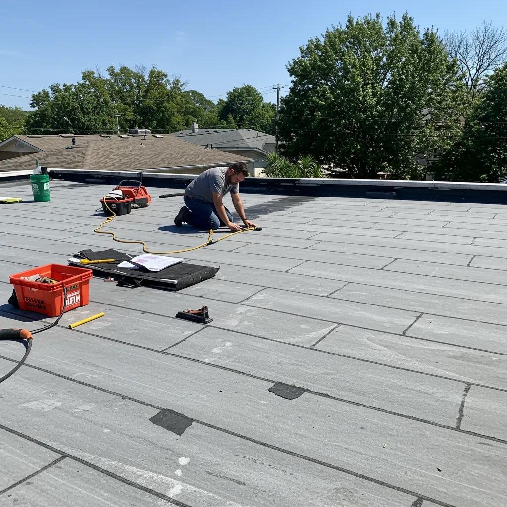 Professional inspecting a flat roof in Bradenton, showcasing repair materials and tools