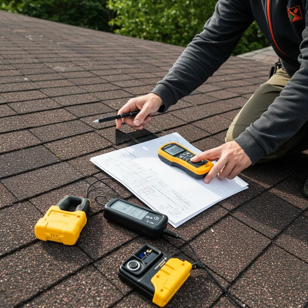 Roof inspector using a moisture meter during an emergency roof inspection