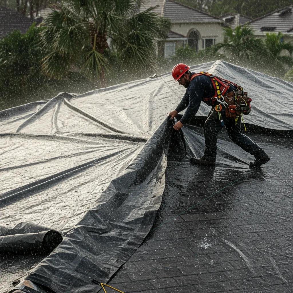 Roofer performing emergency repairs on a roof during a storm in Boca Raton