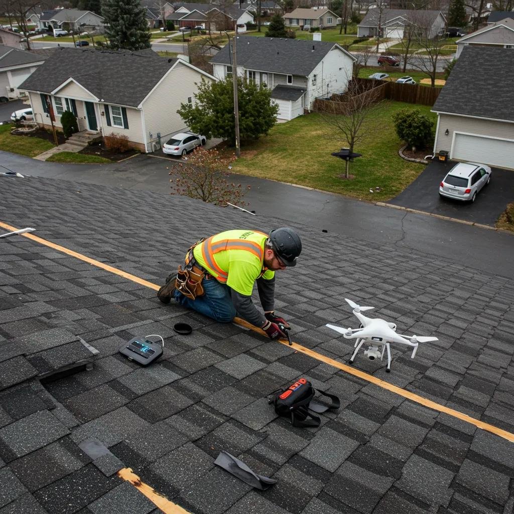 Close-up of storm-damaged roof showing missing shingles and water stains