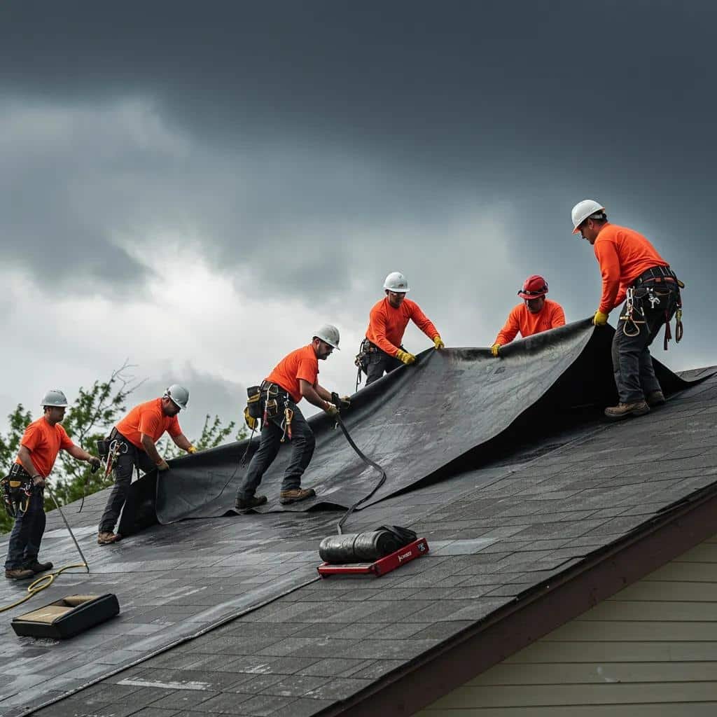 Professional crew installing a temporary roof tarp during a storm in Palm Beach County