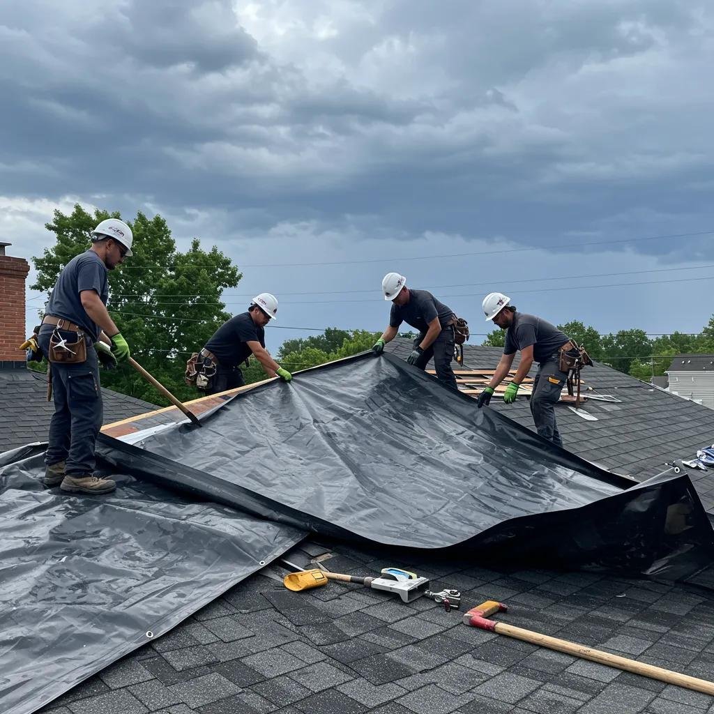 Roofing team conducting emergency repairs on a storm-damaged roof