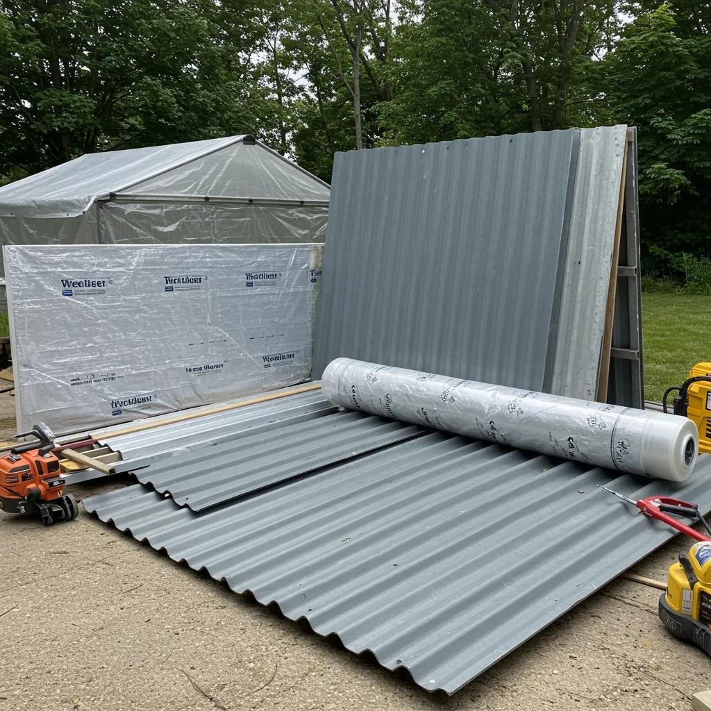Variety of temporary roof materials for storm protection, including tarps and shrink wrap