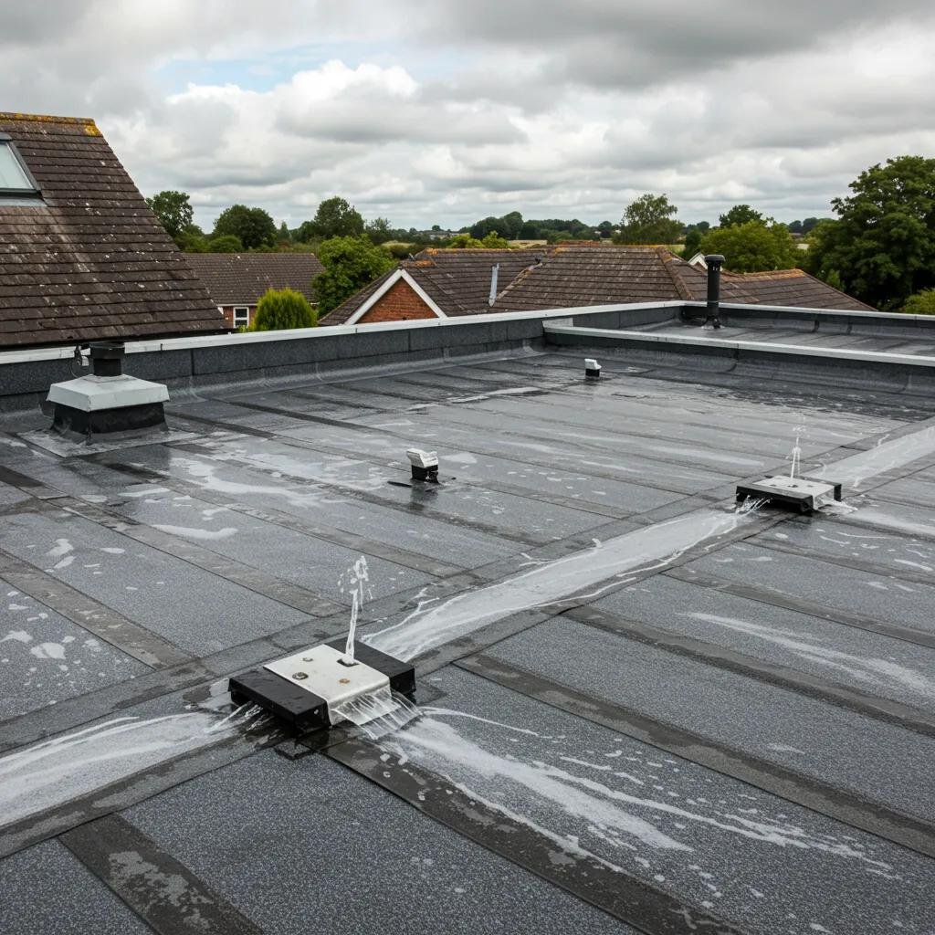 Flat roof with clear gutters and drains, illustrating effective maintenance for preventing clogs