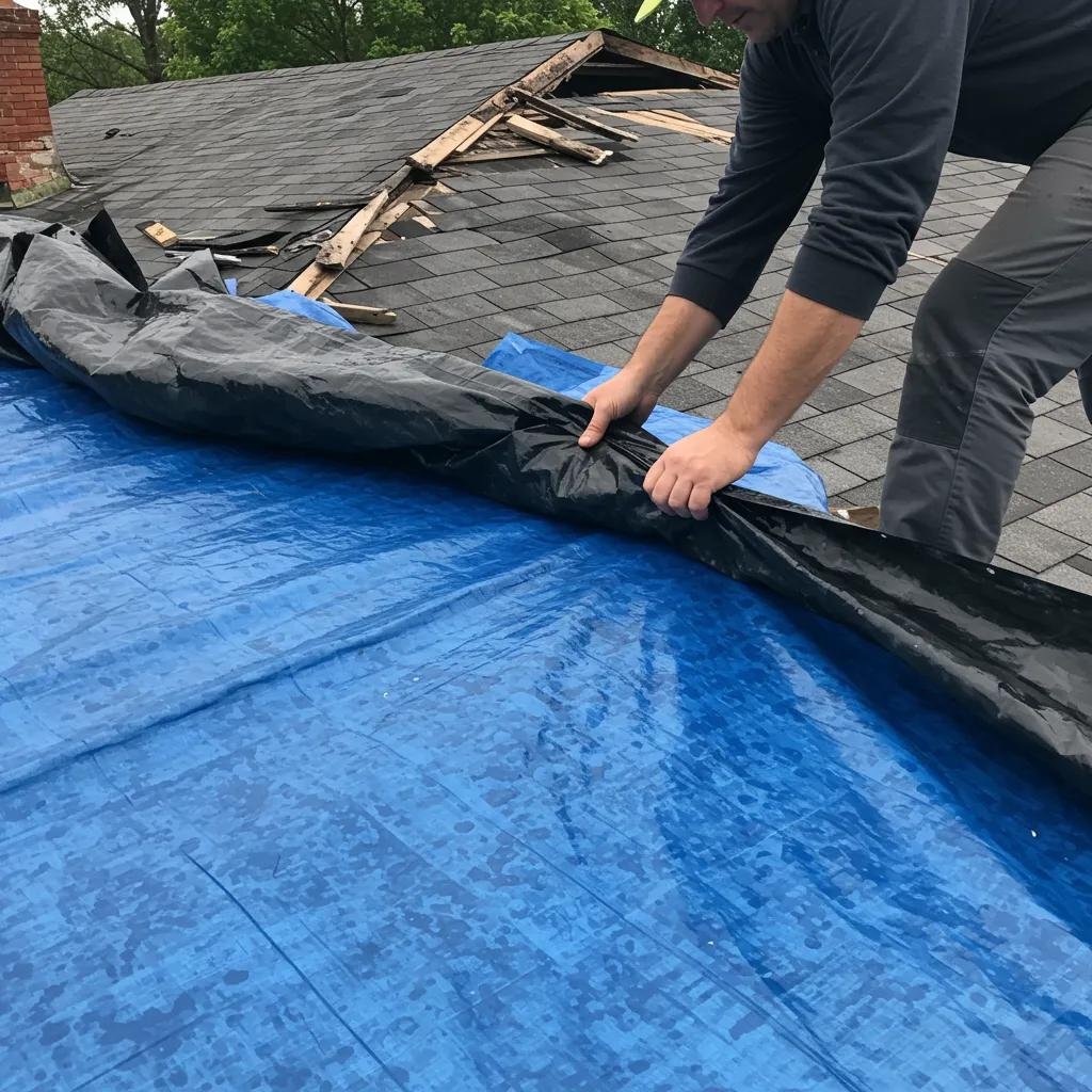 A worker expertly securing a tarp over a damaged roof section, demonstrating the immediate protection offered by emergency tarping services