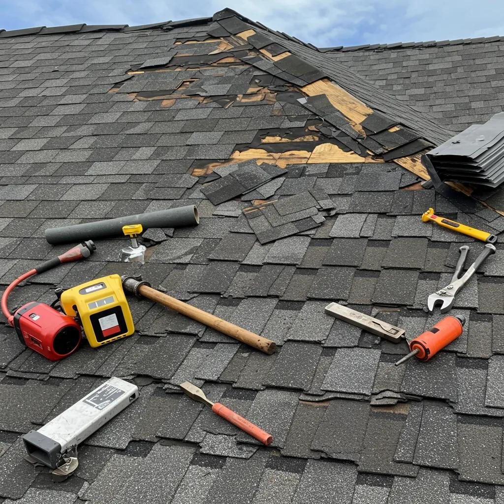 Hurricane damage to a residential roof with lifted shingles and debris