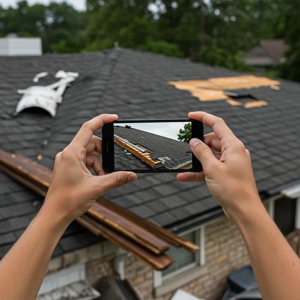 Homeowner discussing roof damage with a contractor, highlighting insurance claim concerns