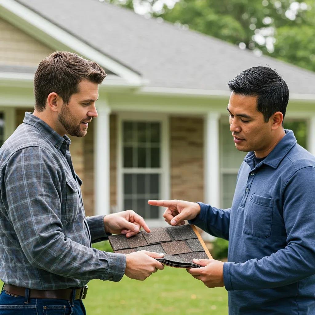 Roofing contractor installing shingles on a residential roof, demonstrating expertise and professionalism