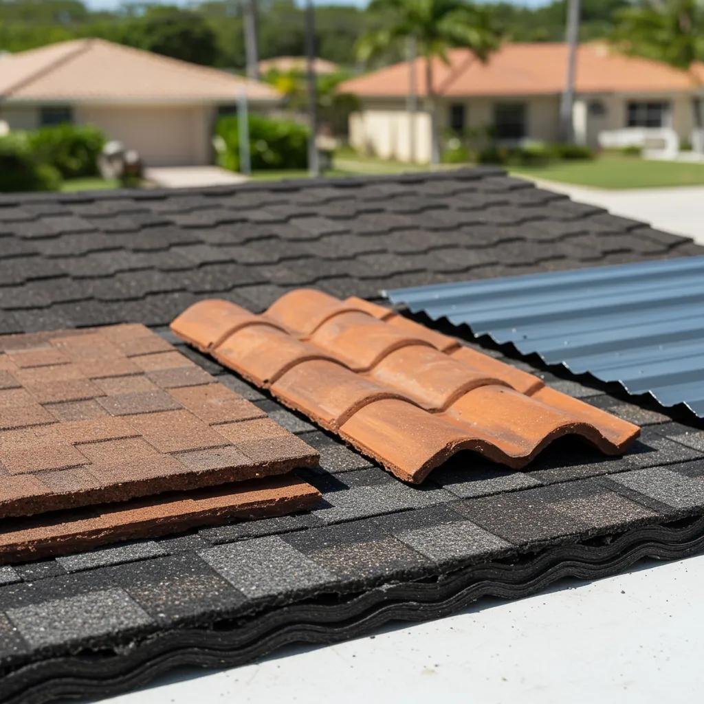 Variety of roofing materials including asphalt shingles, tile, and metal sheets, showcasing options for homeowners